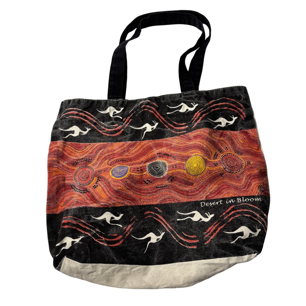 Muralappi Journey‎ Desert in Bloom Aboriginal Art Canvas Tote Bag Kangaroo Black